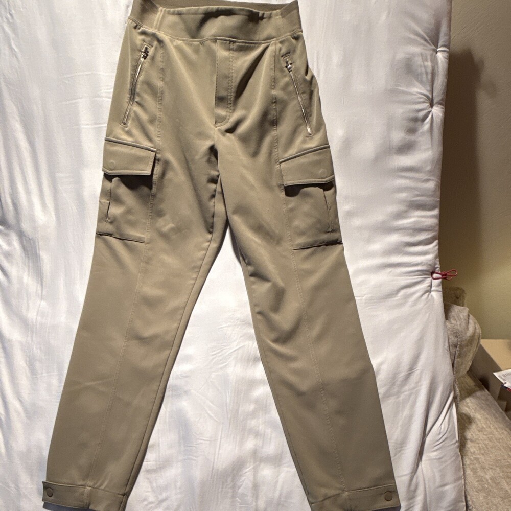 Athleta Women's Beige Solid Cargo Pants Zip Closure Zipper Accents Pockets